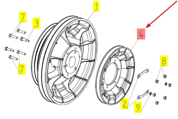 Oryginalne koło pasowe aluminiowe odrzutnika słomy o numerze katalogowym 100172985, stosowane w kombajnach zbożowych marki Rostselmash schemat.