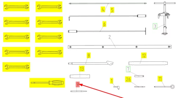 Oryginalny wybijak o numerze katalogowym 100184091, stosowany w kombajnach zbożowych marki Rostselmash schemat.