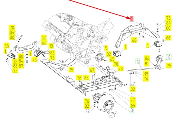 Oryginalne mocowanie silnika o numerze katalogowym 100226322, stosowane w kombajnach zbożowych marki Rostselmash schemat.