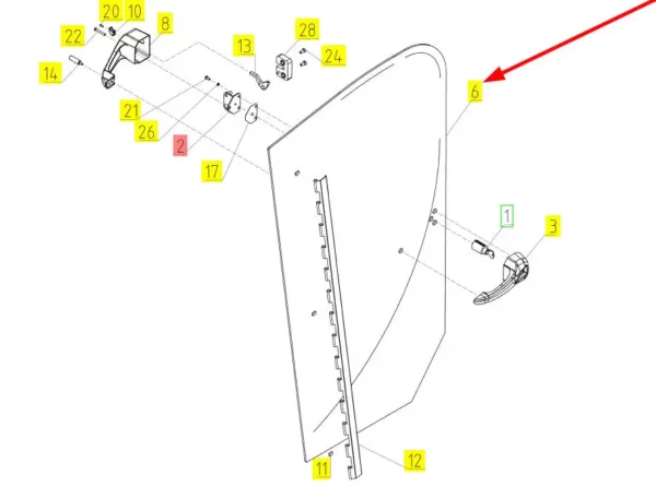 Oryginalna szyba drzwi lewych o numerze katalogowym 100232620, stosowana w kombajnach zbożowych marki Rostselmash schemat.