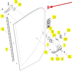 Oryginalna szyba drzwi prawych o numerze katalogowym 100232621, stosowana w kombajnach zbożowych marki Rostselmash schemat.