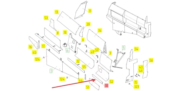 Oryginalny element obudowy kombajnu o numerze katalogowym 100238948, stosowany w kombajnach zbożowych marki Rostselmash. schemat