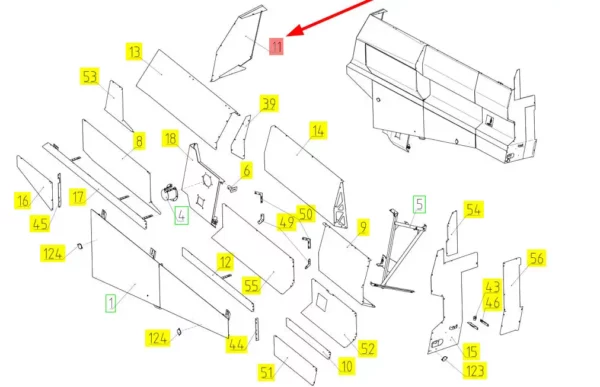Oryginalny element obudowy, lewa strona o numerze katalogowym 100239774, stosowany w kombajnach zbożowych marki Rostselmash. schemat