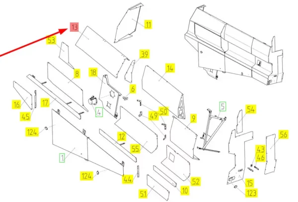 Oryginalna osłona górna lewa o numerze katalogowym 100246062, stosowana w kombajnach zbożowych marki Rostselmash. schemat