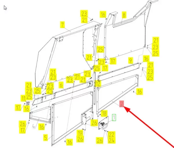 Oryginalny element obudowy prawa strona o numerze katalogowym 100253351, stosowany w kombajnach zbożowych marki Rostselmash. schemat