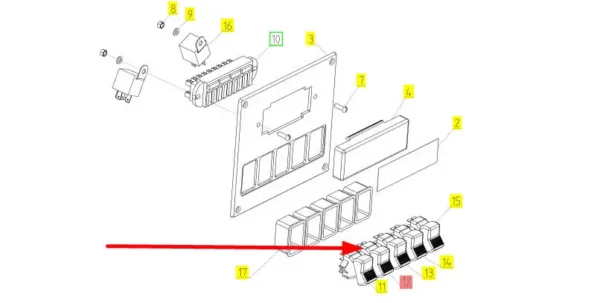 Oryginalny przełącznik świateł roboczych o numerze katalogowym 100262280, stosowany w kombajnach zbożowych marki Rostselmash schemat