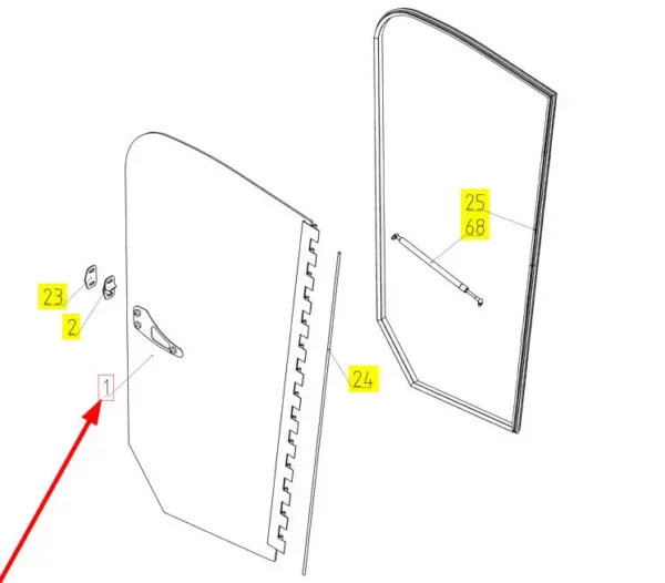 Oryginalna szyba drzwi prawych o numerze katalogowym 100311092, stosowana w kombajnach zbożowych marki Rostselmash schemat.