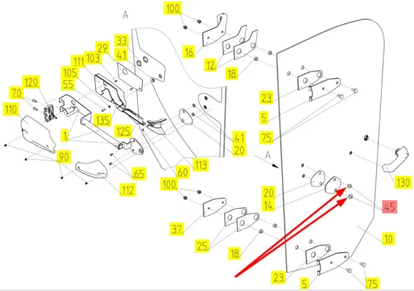 Oryginalna nakrętka specjalna szyby drzwi, o numerze katalogowym 100311504, stosowana w kombajnach zbożowych marki Rostselmash schemat