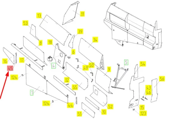 Oryginalny element obudowy lewa strona o numerze katalogowym 100312792, stosowany w kombajnach zbożowych marki Rostselmash. schemat