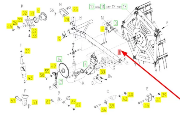 Oryginalne ramię motowideł o numerze katalogowym 100313079, stosowane w hederach zbożowych marki Rostselmash. schemat