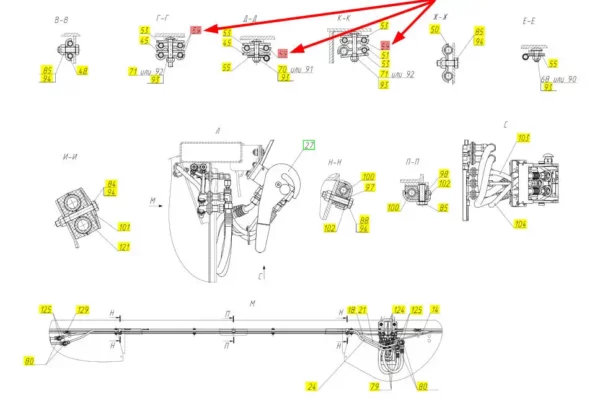 Oryginalne mocowanie złącza hydraulicznego o numerze katalogowym 100322289 stosowane w hederach zbożowych marki Rostselmash. Schemat