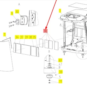 Oryginalna uszczelka kabiny o numerze katalogowym 100403833, stosowana w kombajnach zbożowych marki Rostselmash schemat.