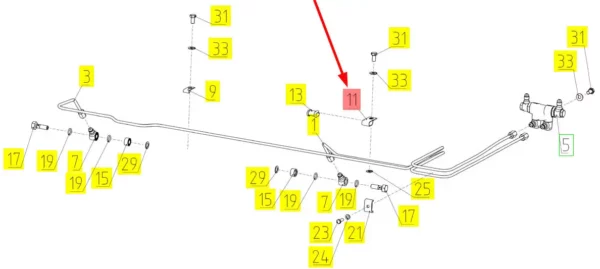 Oryginalne mocowanie przewodów hamulcowych o numerze katalogowym 100415899, stosowane w kombajnach zbożowych marki Rostselmash- schemat.