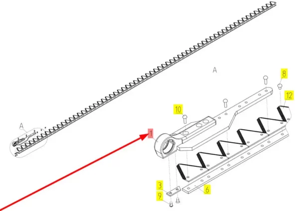 Oryginalna główka kosy o numerze katalogowym 100429495, stosowana w hederach zbożowych marki Rostselmash schemat