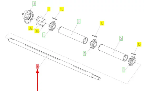 Oryginalny wał tylny przenośnika pochyłego o numerze katalogowym 100465910, stosowany w kombajnach zbożowych marki Rostselmash schemat