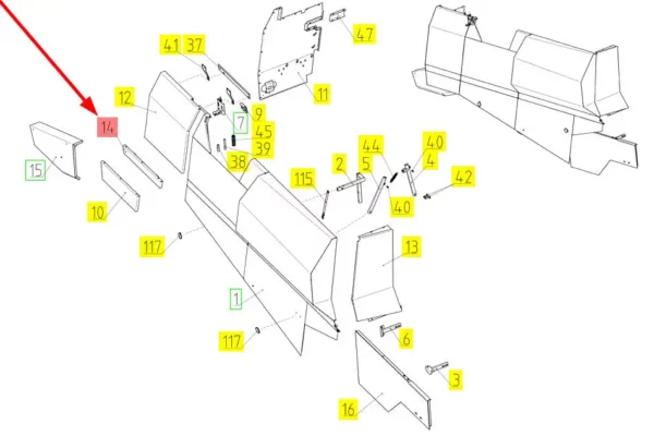 Oryginalny element obudowy prawa strona o numerze katalogowym 100483351, stosowany w kombajnach zbożowych marki Rostselmash. schemat