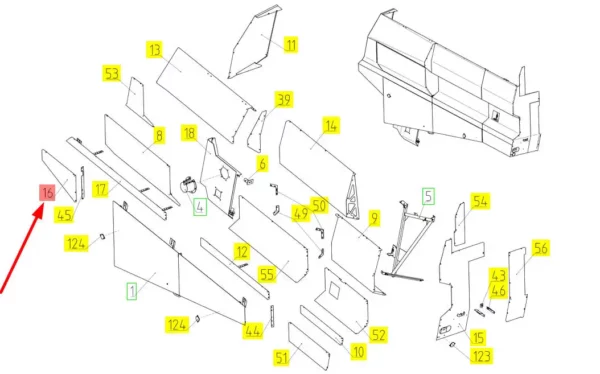 Oryginalny element obudowy lewa strona o numerze katalogowym 100491479, stosowany w kombajnach zbożowych marki Rostselmash. schemat