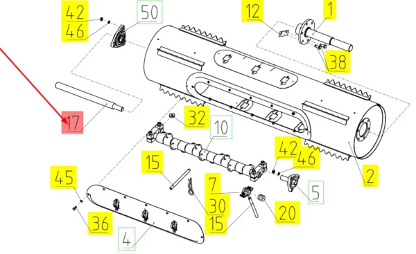 Oryginalny wałek bębna podajnika o numerze katalogowym 100500346, stosowany w kombajnach zbożowych marki Rostselmash schemat.