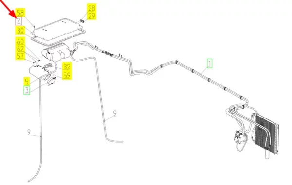 Oryginalna obudowa systsemu klimatyzacji o numerze katalogowym 100511745, stosowana w kombajnach zbożowych marki Rostselmash. schemat