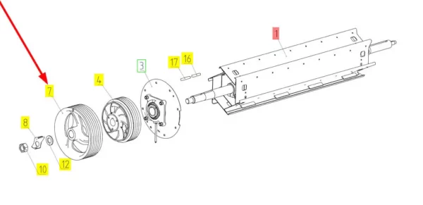 Oryginalne koło pasowe bębna przyszpieszającego masę o numerze katalogowym 100514009, stosowane w kombajnach zbożowych marki Rostselmash schemat.
