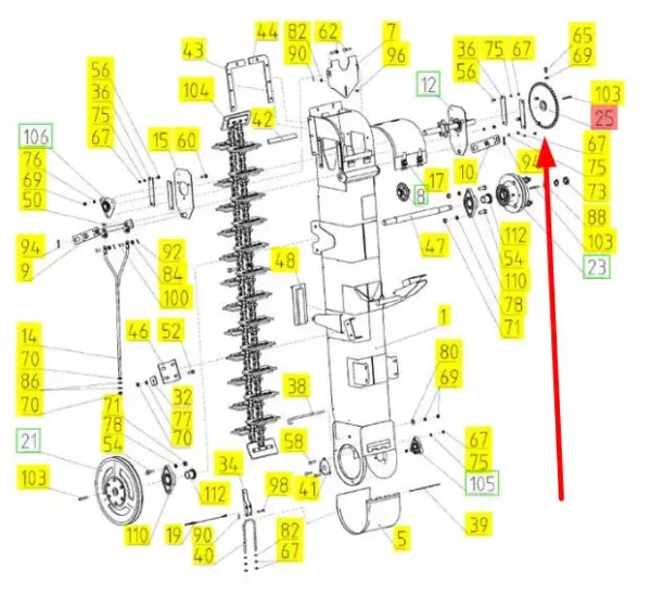 Oryginalne koło łańcuchowe przenośnika ziarnowego o numerze katalogowym 100535135, stosowane w kombajnach marki Rostselmash schemat