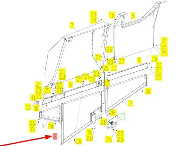 Oryginalny element obudowy prawa strona o numerze katalogowym 100556264, stosowany w kombajnach zbożowych marki Rostselmash. schemat
