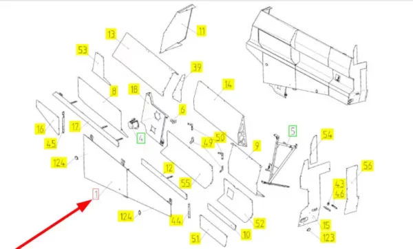 Oryginalny kompletny element obudowy lewej strony o numerze katalogowym 100575740, stosowany w kombajnach zbożowych marki Rostselmash. schemat