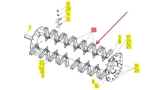 Oryginalny nóż ruchomy rozdrabniacza słomy o  numerze katalogowym 100576298, stosowany w kombajnach zbożowych marki Rostselmash. schemat