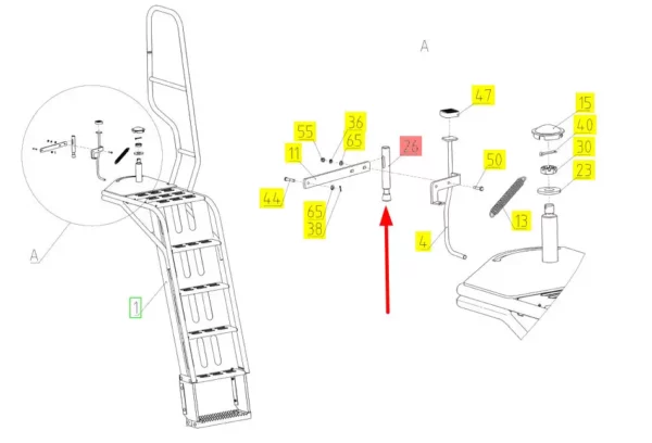 Oryginalny sworzeń blokady schodów o numerze katalogowym 100608668, stosowany w kombjnach zbożowych marki Rostselmash. schemat