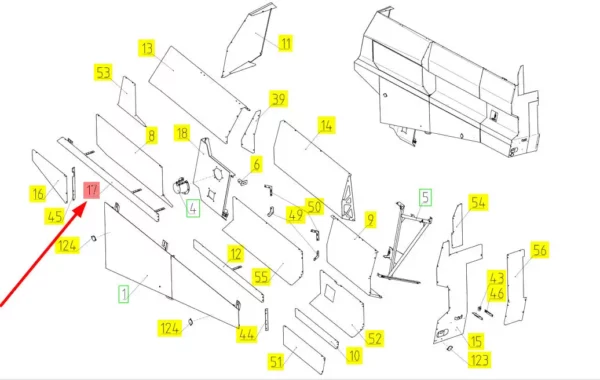 Oryginalny element lewego poszycia o numerze katalogowym 100620369, stosowany w kombajnach zbożowych marki Rostselmash schemat