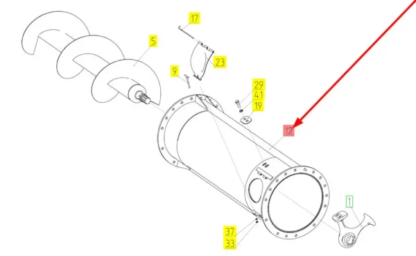 Oryginalna obudowa ślimaka rury wyładowczej o numerze katalogowym 100635285, stosowana w kombajnach zbożowych marki Rostselmash schemat.