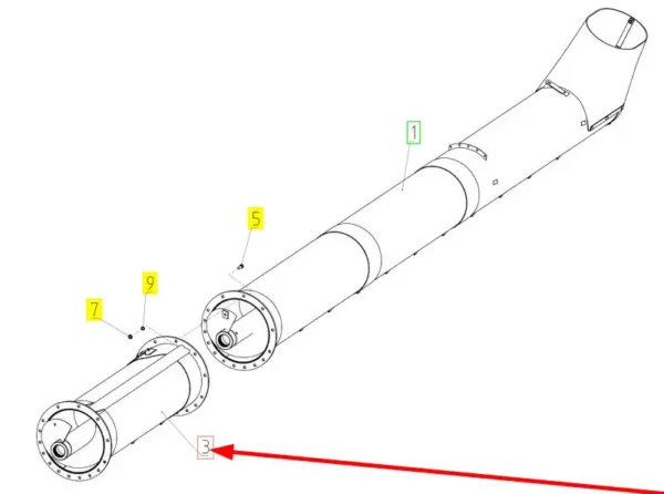 Oryginalny podajnik ślimakowy o numerze katalogowym 100635384, stosowany w kombajnach zbożowych marki Rostselmash. schemat
