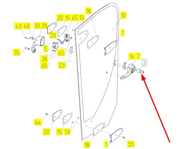 Oryginalny zamek drzwi o numerze katalogowym 100637594, stosowany w kombajnach zbożowych marki Rostselmash. schemat