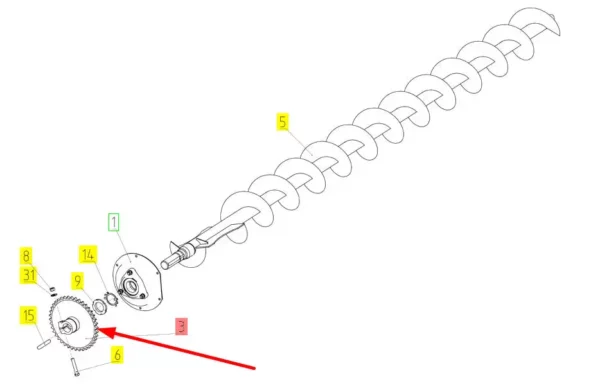 Oryginalne koło zębate ślimaka zbiornika ziarna o numerze katalogowym 100700380, stosowane kombajnach zbożowych marki Rostselmash schemat