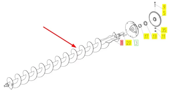 Oryginalny ślimak zbiornika ziarna o numerze katalogowym 100700386, stosowany w kombajnach zbożowych marki Rostselmash schemat.
