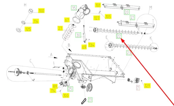 Oryginalny przenośnik ślimakowy zbiornika o numerze katalogowym 100700783, stosowany w kombajnach zbożowych marki Rostselmash schemat.