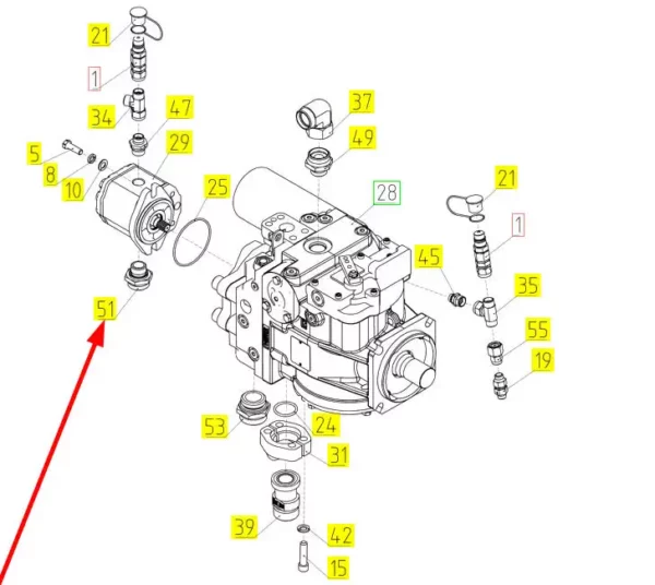 Oryginalne złącze hydrauliczne o numerze katalogowym 100721489, stosowane w kombajnach zbożowych marki Rostselmash schemat.