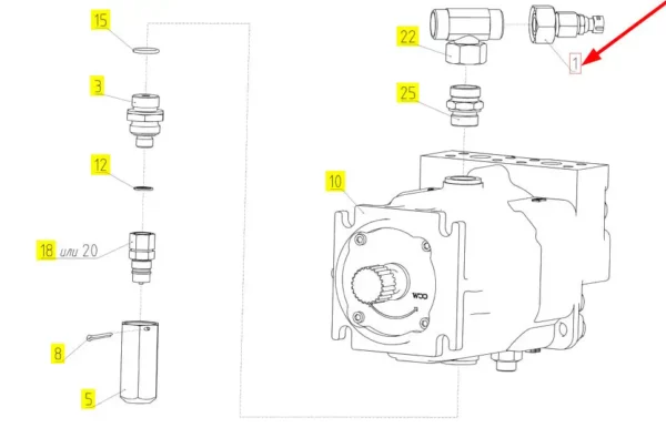 Oryginalne złącze hydrauliczne o numerze katalogowym 100723539, stosowany w kombajnach zbożowych marki Rostselmash schemat.