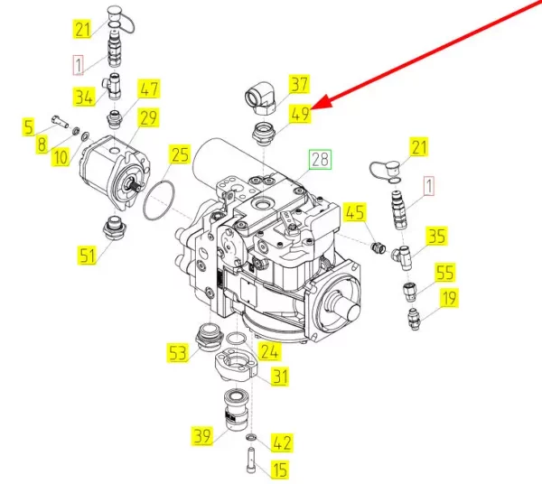 Oryginalne złącze hydrauliczne o numerze katalogowym 100724310, stosowane w kombajnach zbożowych marki Rostselmash schemat.