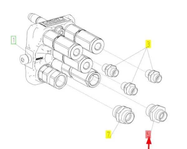 Oryginalna, prosta dwuzłączka hydrauliczna o numerze katalogowym 100725040, stosowana w kombajnach zbożowych marki Rostselmash schemat