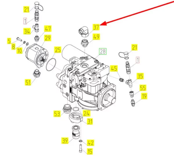 Oryginalne kolanko hydrauliczne o numerze katalogowym 100730598, stosowane w kombajnach zbożowych marki Rostselmash schemat.