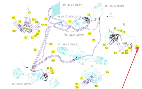 Oryginalny adapter hydrauliczny o numerze katalogowym 100736133, stosowany w kombajnach zbożowych marki Rostselmash schemat.