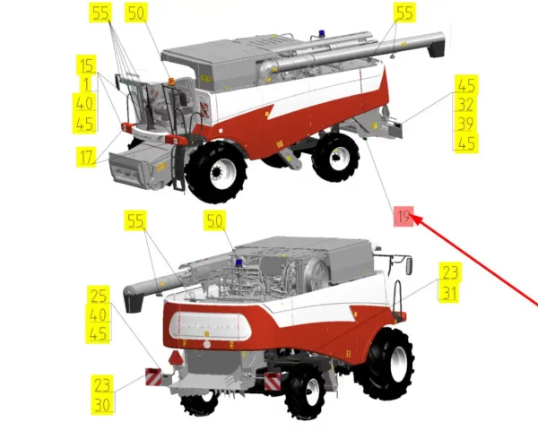 Oryginalna lampa robocza o numerze katalogowym 100745297, stosowana w kombajnach zbożowych marki Rostselmash schemat.