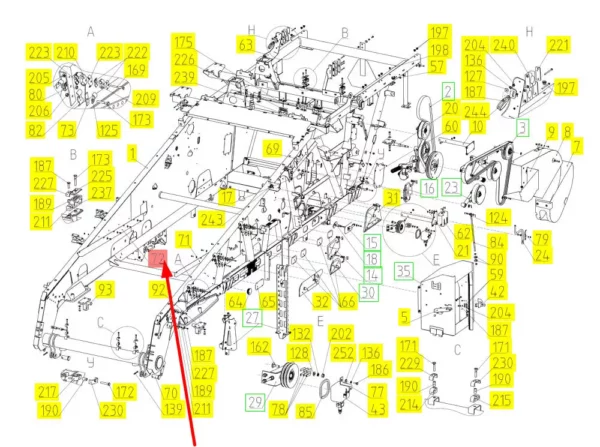 Oryginalny element mocujący o numerze katalogowym 100749113, stosowany w kombajnach zbożowych marki Rostselmash schemat.