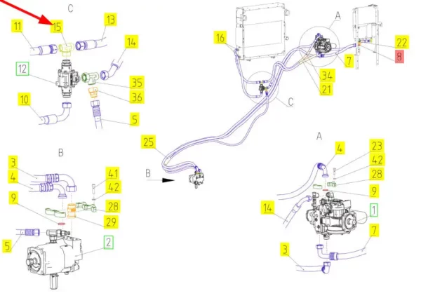 Oryginalny trójnik hydrauliczny o numerze katalogowym 100759569, stosowany w kombajnach zbożowych marki Rostselmash schemat.