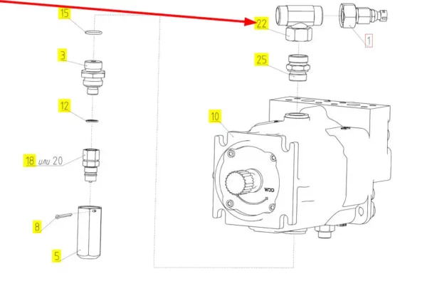 Oryginalny trójnik hydrauliczny o numerze katalogowym 100760572, stosowany w kombajnach zbożowych marki Rostselmash schemat.