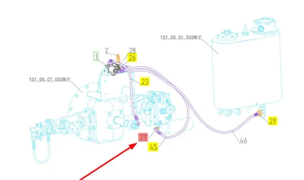 Oryginalny trójnik układu hydraulicznego o numerze katalogowym 100768207, stosowany w kombajnach zbożowych marki Rostselmash. schemat