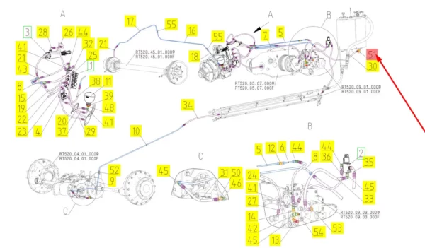 Oryginalne gniazdo hydrauliczne o numerze katalogowym 100773523, stosowane w kombajnach zbożowych marki Rostselmash schemat.