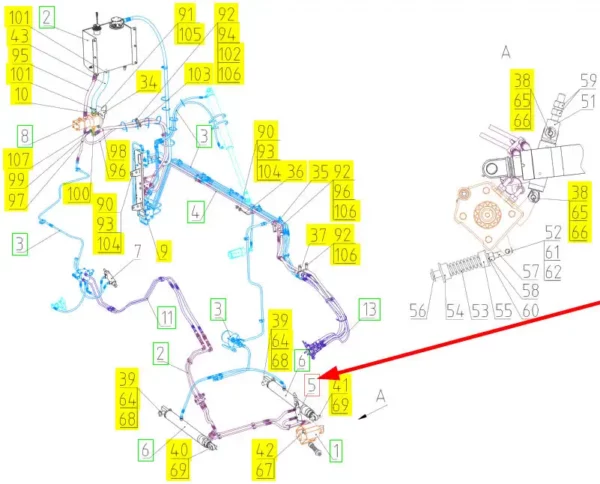 Oryginalny cylinder hydrauliczny o numerze katalogowym 100778360, stosowany w kombajanch zbożowych marki Roostselmash- schemat.