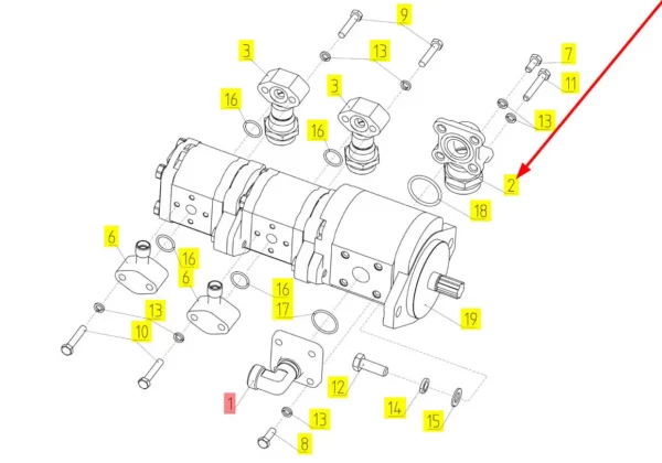 Oryginalne wyjście kołnierzowe pompy hydraulicznej o numerze katalogowym 100782478, stosowane w kombajnach zbożowych marki Rostselmash schemat.